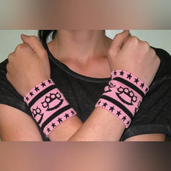 Sourpuss Pink and Black Wristbands - Picture 2 of 3